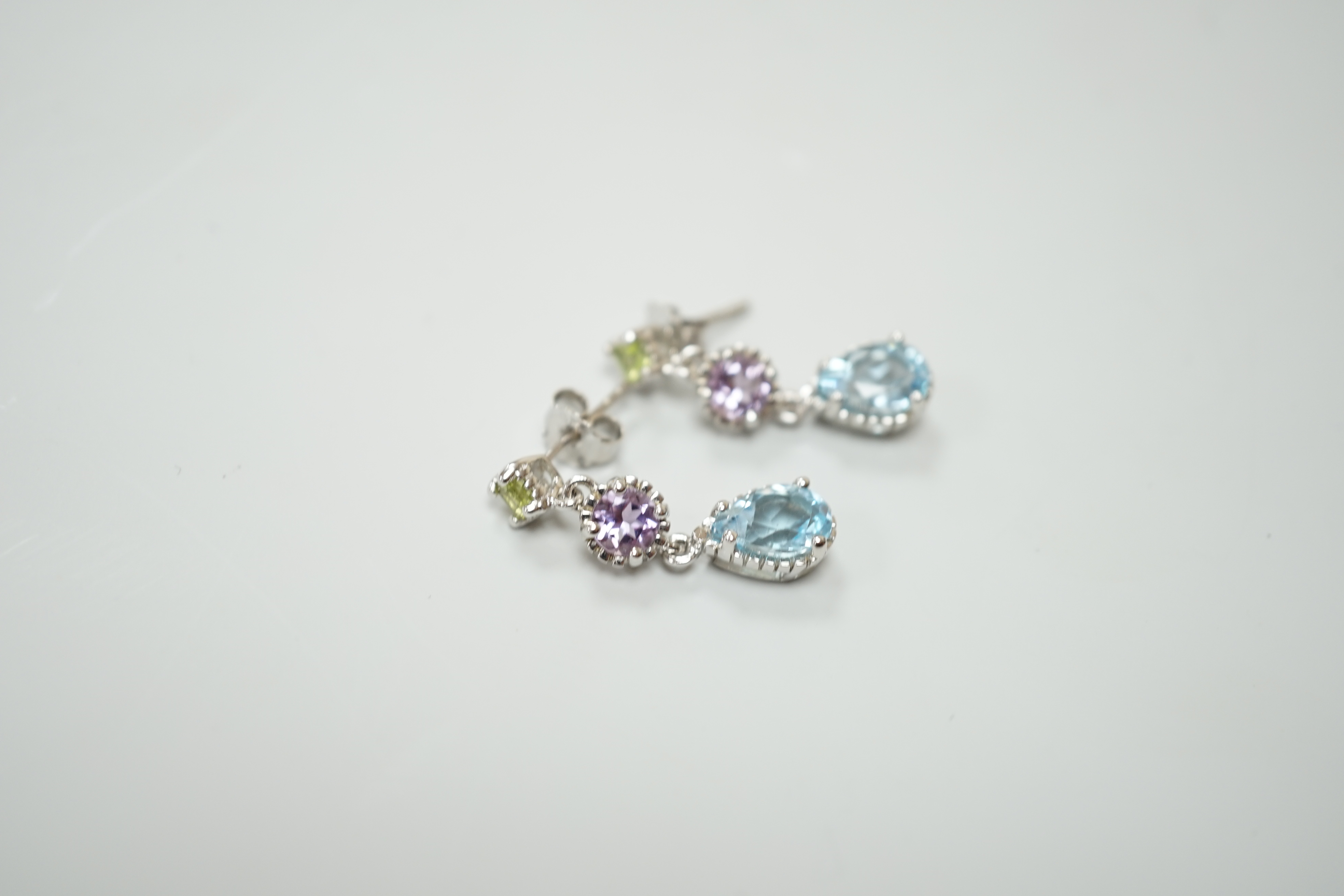 A pair of silver gem set drop earrings, 2.75cm